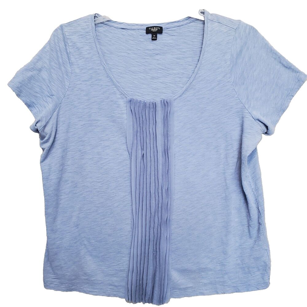 TALBOTS Woman Blue Slub Knit Chiffon Ruffle Front Scoop Neck T-Shirt Size 1X